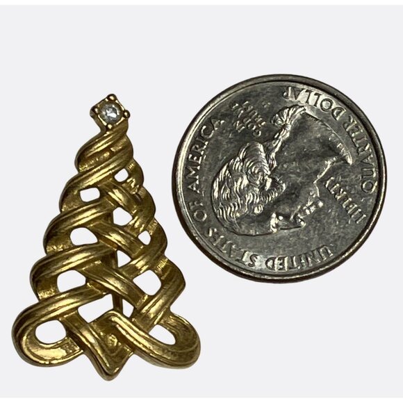 Avon Gold Tone Christmas Tree Brooch With Faux Diamond Accent Vintage Jewelry - Picture 4 of 7